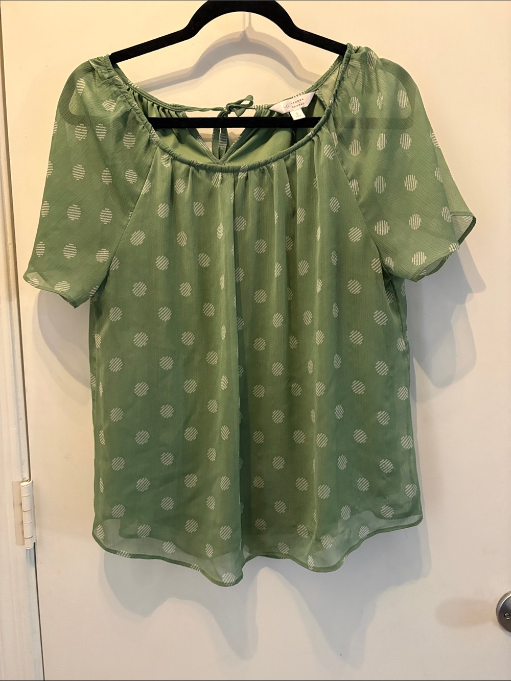 LC Lauren Conrad Light Green Polka Dot Sheer Peasant Blouse
